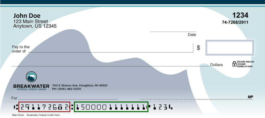 Sample check that shows where routing and account numbers are located