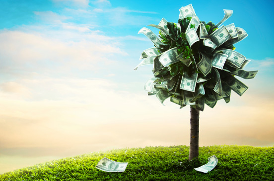 Money tree on a grassy mound with a bright sky