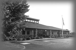 black and white photo of the front of the credit union building