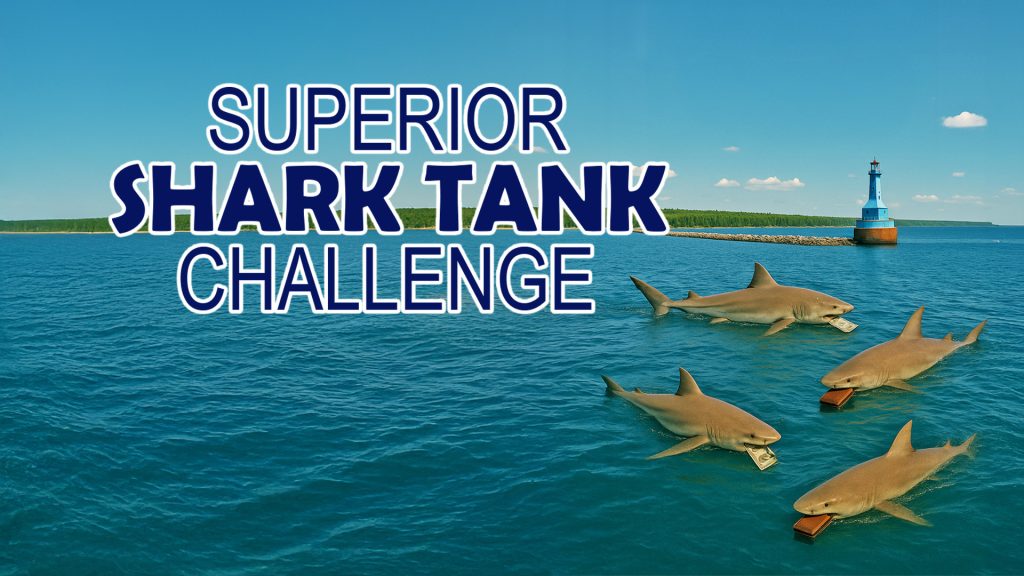 Superior Shark Tank Challenge graphic made with AI shows lighthouse with sharks in the water holding wallets and money.